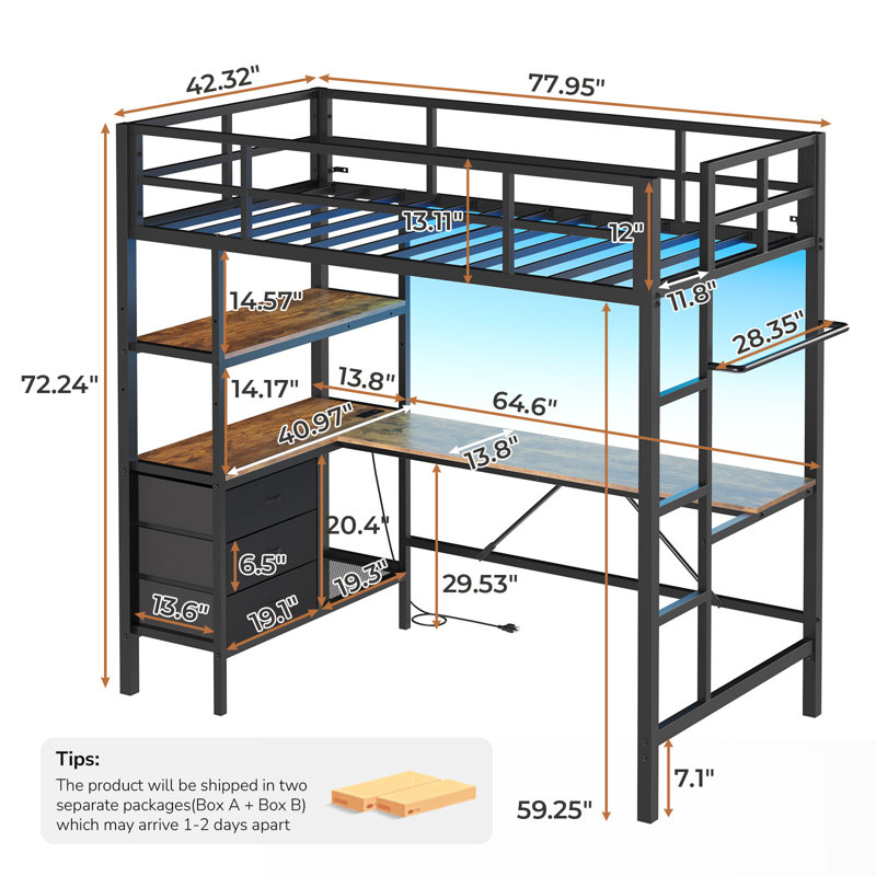 Twin Metal Loft Bed With L-shaped Desk, Led Lights,charging Station Led Loft Bed Frame Twin Size With 3 Storage Shelves And 3 Fabric Drawers, Safety Guard & Ladder, No Box Spring Needed