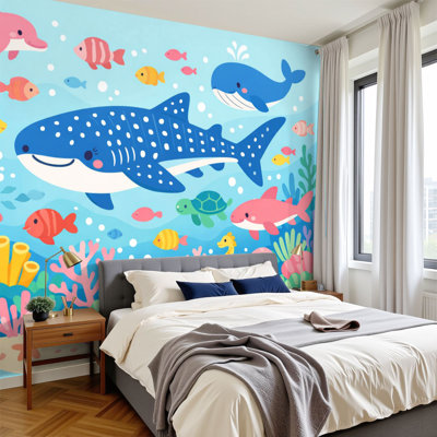Kids Learning Peel and Stick Wallpaper for Classroom Whimsical Underwater Scene Whale Shark Colourful Fish Coral Wall Murals 100"H x 144"W Removable PVC Wall Paper Self-Adhesive Wall Decor for Bedroom Nursery