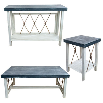 Ensemble de table en corde nouée patinée avec plateau de table Rough Sawn Tops. 1 table basse, 1 table basse rectangulaire, 2 tables de bout carrées en fer