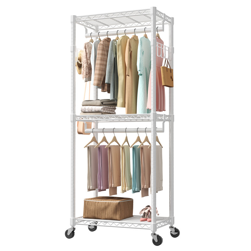 Portant à vêtements moyen à roulettes avec tablettes à 3 niveaux, support à vêtements robuste sur roulettes avec tringles de suspension doubles, unité de rangement réglable avec crochets latéraux et pieds de nivellement