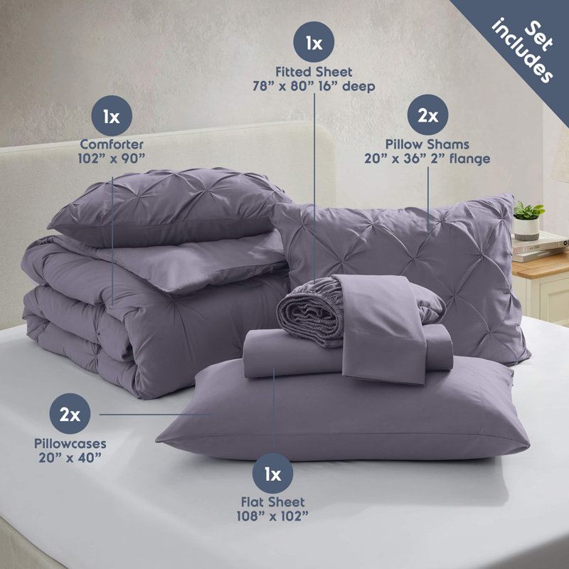Ensemble d'édredon plissé avec draps Bed-in-a-Bag, Édredon de très grande taille et 6 pièces suppl, Mauve gris