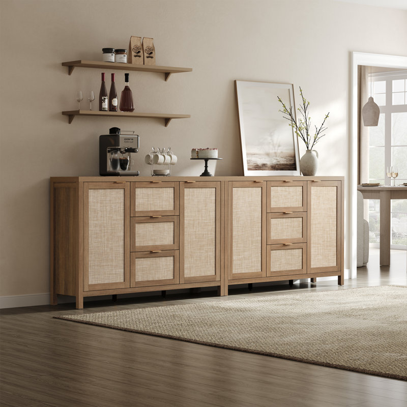 51.57'' W 3-Drawer And 2-Door Rattan Sideboard With Adjustable Shelves, Caramel Oak