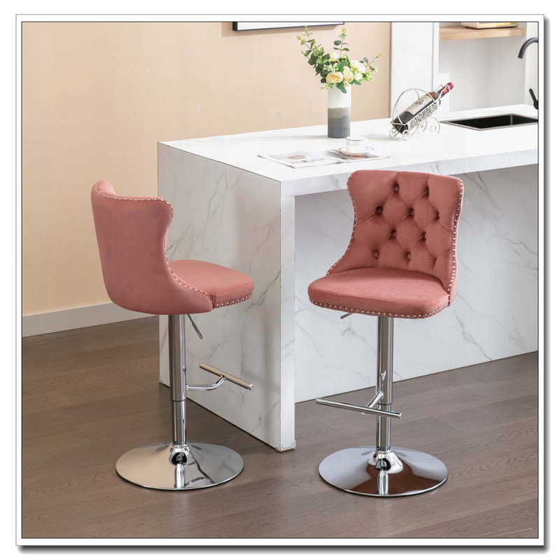 Tabourets de bar pivotants en velours à hauteur de siège réglable, Rose, Silver