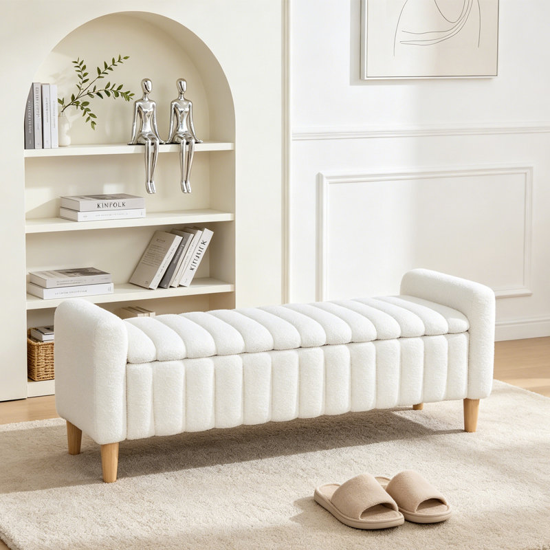 Banc de rangement capitonné avec dessus en bois 63,3 po, Ivoire ivoire