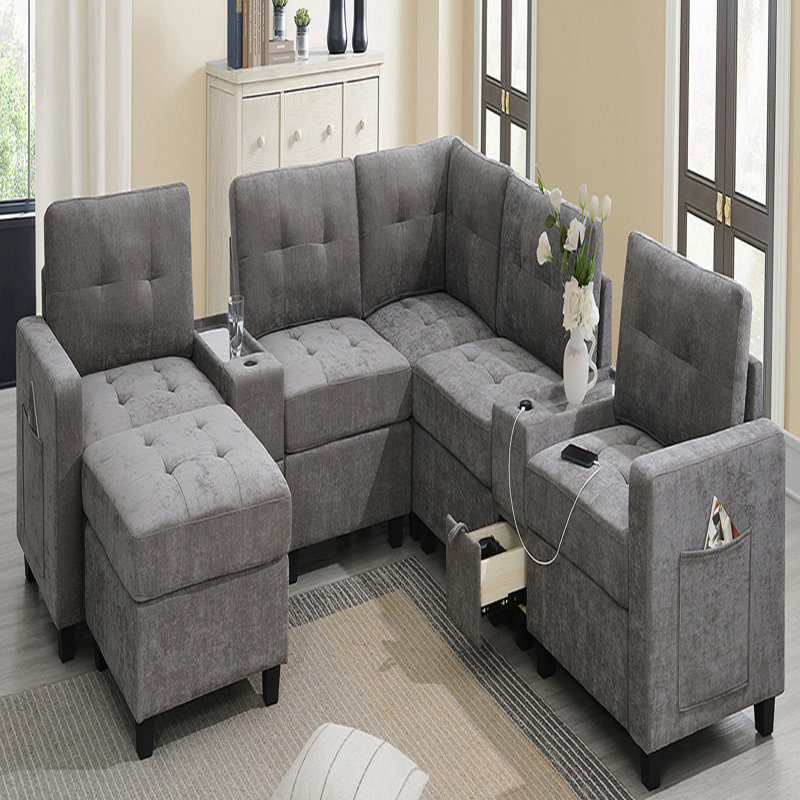 Canapé modulaire Basic, canapé de 104 po avec plateau en acrylique, ensemble de canapé en U en chenille avec 2 consoles, chargeur USB, tiroirs et poches de rangement, repose-pieds mobile, canapé capitonné
