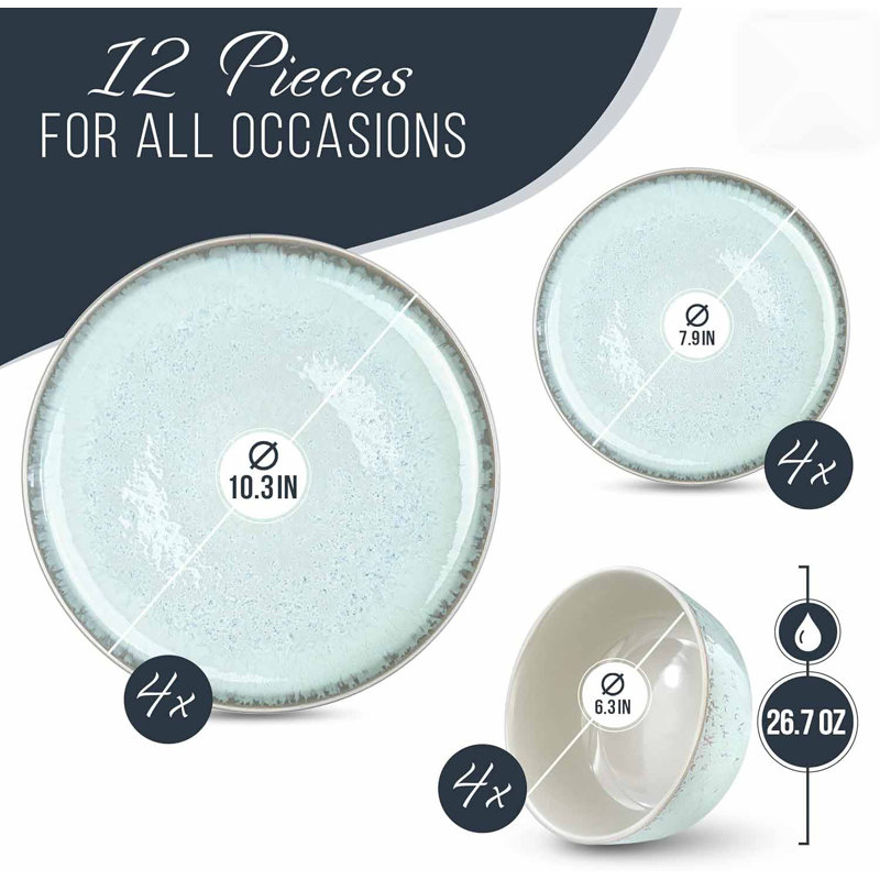 Beige and Light Blue Ceramic 12-Piece Dinnerware Set for 4