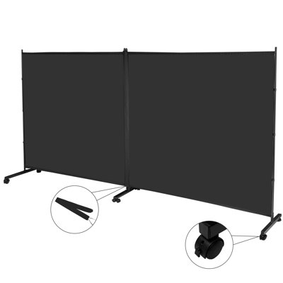 Paravent intérieur sur roulettes à 2 grands panneaux, écran d'intimité à roulettes l 142 po x H 75 po avec bande de recouvrement, cloison murale portative pour cloison de bureau personnel, noir
