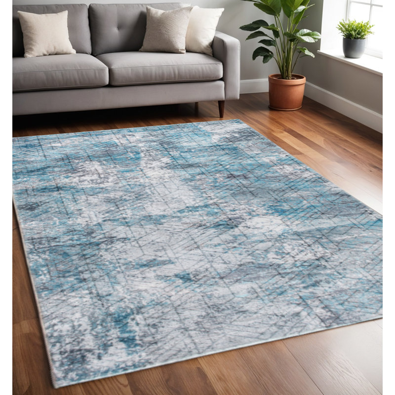 Tapis de couloir bleu abstrait gris, Rectangle 5 pi x 8 pi