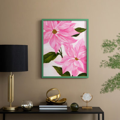 «Neon Pink Poinsettias I», reproduction encadrée - bois massif