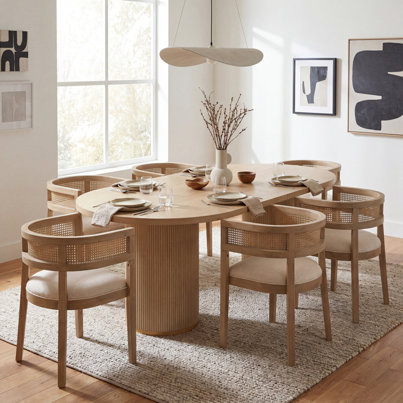 Chassidi 6-Person Dining Table Set With Upholstered Armchairs & Fluted Double Pedestal Base, Light Ash