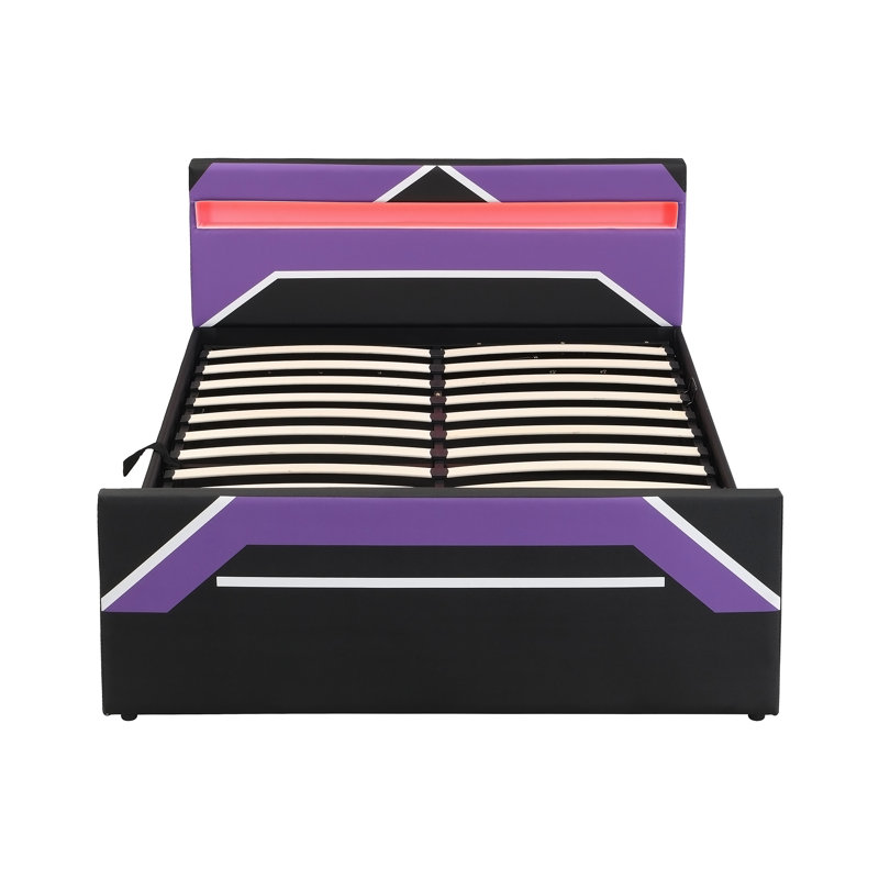 Lit de jeu avec tête de lit à DEL 7 couleurs intégrée, Noir et rouge