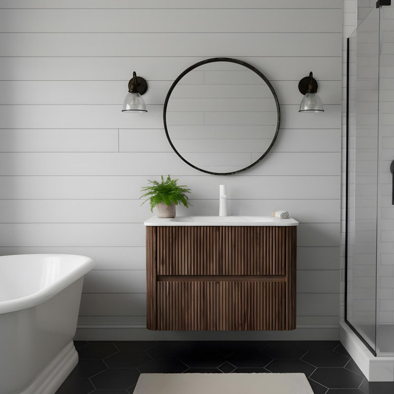 Meuble-lavabo 30 po à rayures flottantes avec lavabo en pierre frittée