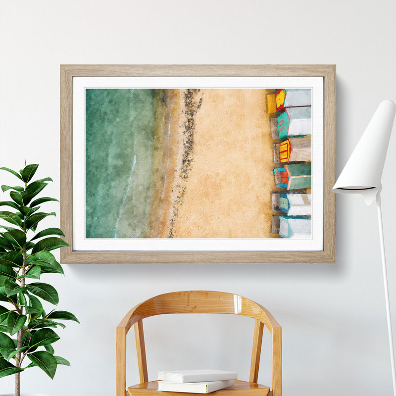 Beach Huts on Brighton Beach 1 Piece Single Picture Frame Painting on MDF, 24cm H x 33cm W x 2cm D, Oak