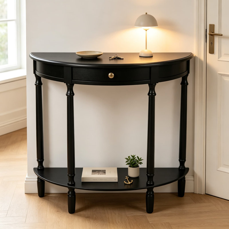 Console Truro demi-ronde, table d'entrée traditionnelle avec tiroir et tablette inférieure, table de vestibule ou de canapé classique pour vestibule, salon