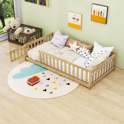 Wooden Floor Bed With Guardrails And Slats