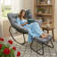 Chaise berçante avec repose-pieds, repose-pieds et coussins en osier gris foncé-129339059