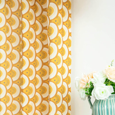 Rideaux blancs et jaunes avec œillets Boho - rideaux de fenêtre pour la chambre à coucher et le salon, 2 panneaux