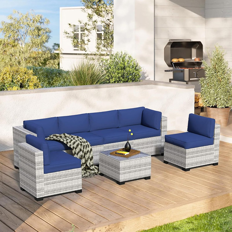 Ensemble de mobilier d'extérieur 7 pièces, canapé modulaire en rotin PE ...