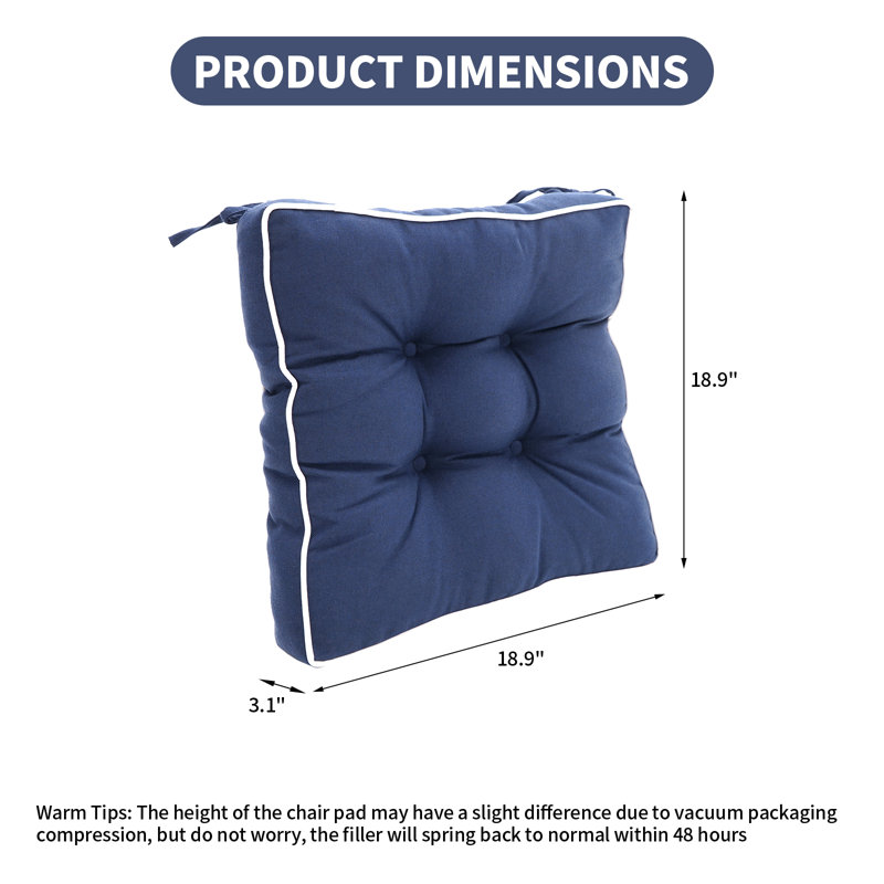 Outdoor Chair Cushions Set of 2 Square Tufted Seat Cushions with Ties for Patio 19"x19",Medium Grey, Navy