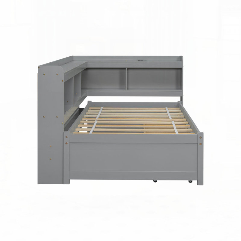 Lit avec deux tiroirs en forme de L, Grey, Lit simple