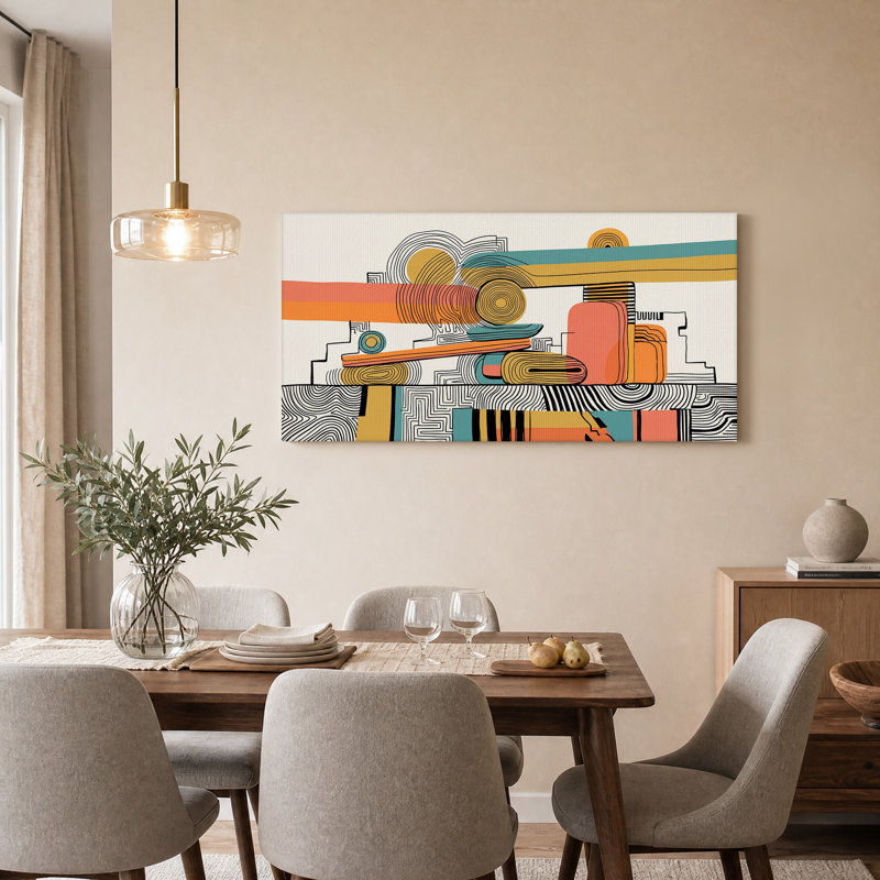 Art abstrait sur toile, formes et lignes abstraites géométriques en orange et bleu sarcelle, L 32 po x H 16 po