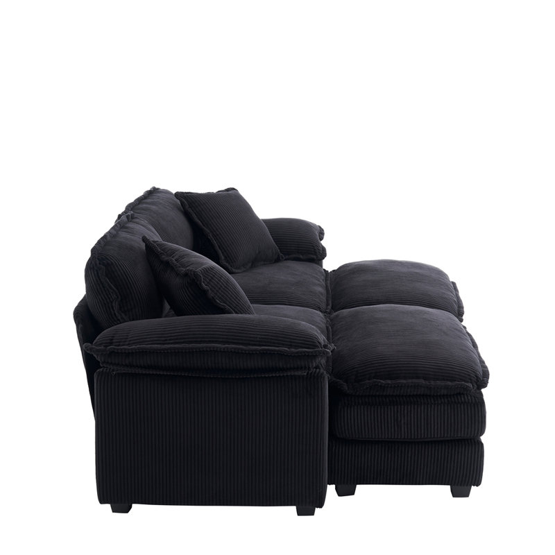 Canapé en velours côtelé 2 places avec 2 coussins de dossier, 2 coussins décoratifs et deux repose-pieds, Canapé confortable pour salon