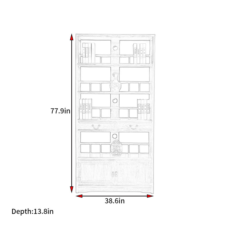 Nouvelle bibliothèque de style rétro chinois, H 77,9 po x l 38,6 po x P 13,8 po, 1