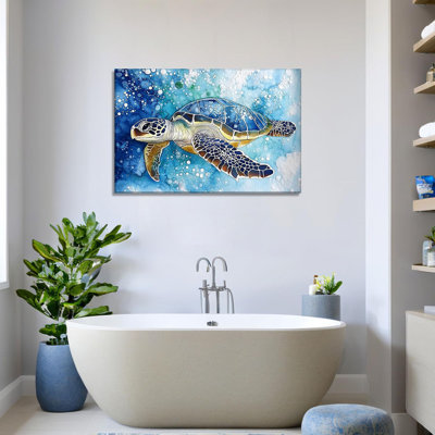 Tortue de mer, art mural, plage, plage, décoration murale encadrée, œuvre inspirée de l'océan, tortue bleue, impression de vie marine pour salle de bain, salon, prêt à être accroché