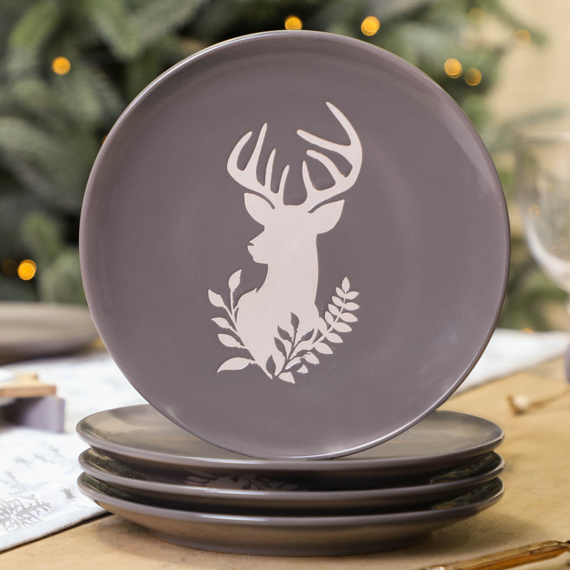 Set Of 4 Grey Stag Christmas Side Plates