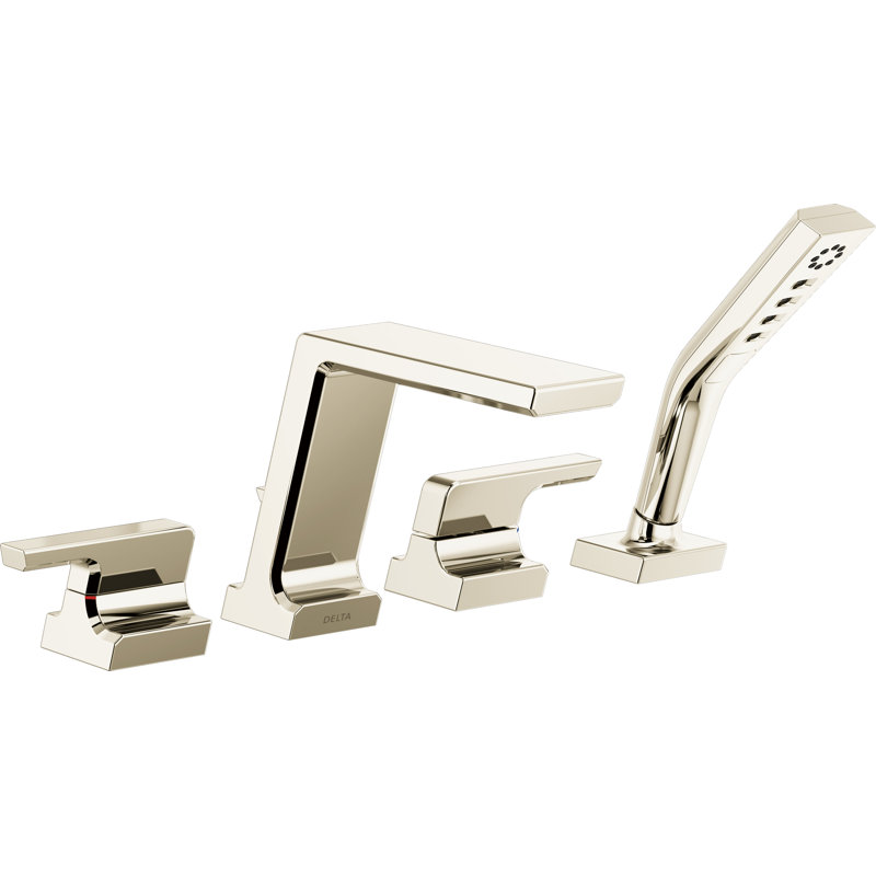 Pivotal Double Handle Deck Mounted Roman Tub Faucet Trim with Handshower, Polished Nickel