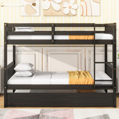 Twin Size Rubber Wood Bunk Bed In , With Trundle, Convertible To Two Beds, Detachable For Comfortable Sleep, Pull - Out Trundle Guests, 13 Slat Platform Durability, Entrapment Barrier Over Bed,