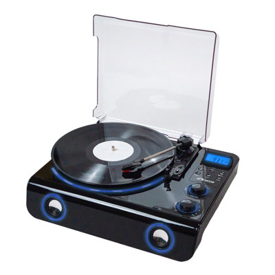 Victor VHRP-1200 Beacon 5-in-1 Turntable System with Record Player, Bluetooth, FM Radio, Built-in Stereo Speakers, USB Playback, and Blue LED Accent Lighting – Perfect for Vinyl and Digital Music Lovers