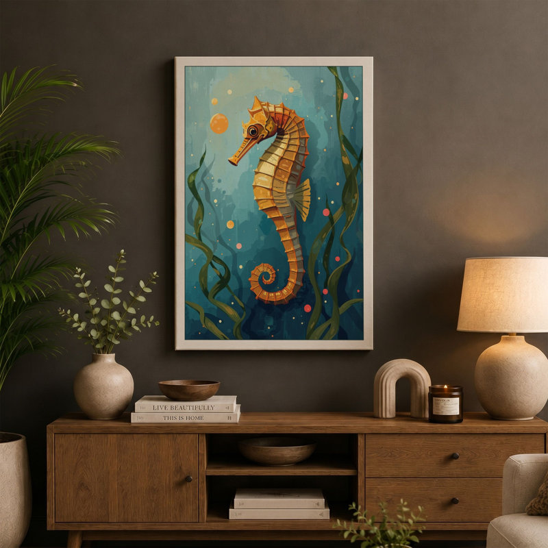 Striped Seahorse Coastal - Wrapped Canvas, 30x20 - 76.2 x 50.8 cm, Black Border