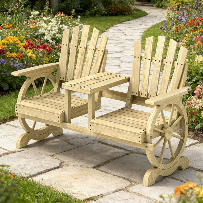 Banc de patio à 2 places avec pieds en forme de roue de chariot, table haute et parasol, bois de sapin, couleur bois naturel, l 60,6 po x P 25,6 po H 40,2 po, conception à lattes pour garder au sec
