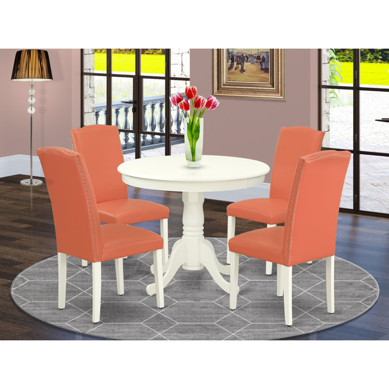 Ensemble de table de salle à manger 5 pièces moderne comprenant une table de cuisine ronde avec piédestal et 4 chaises de salle à manger Parson en simili cuir flamant rose, lin blanc