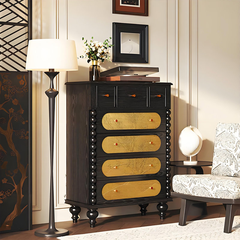 Commode en bois massif avec tiroirs American Vintage, Black