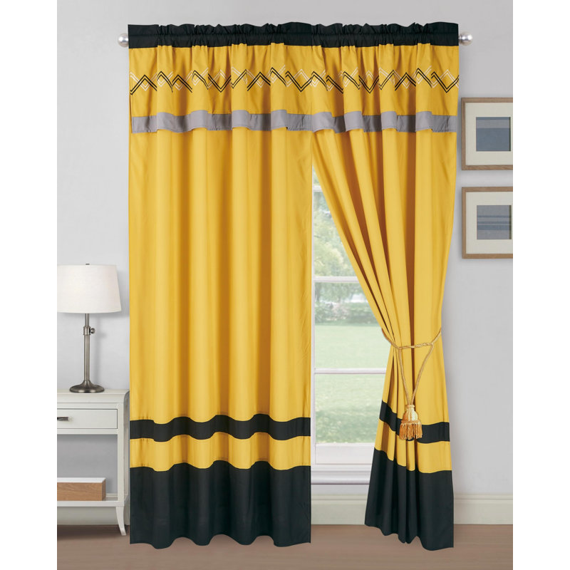 Room Darkening Curtain Pair, Turmeric/Black/Silver Gray/White