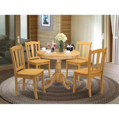 5 Piece Dining Set Includes a Round Kitchen Table with Pedestal and 4 Dining Room Chairs, Oak