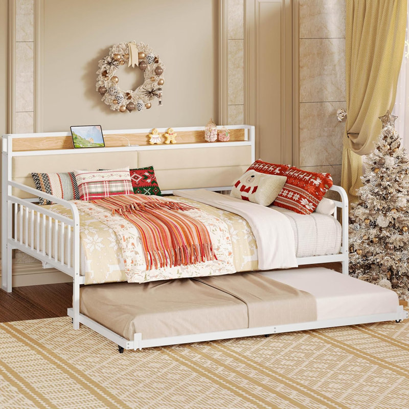 Daybed with Trundle, Sturdy Metal Full Size Bed Frame with Upholstered Headboard