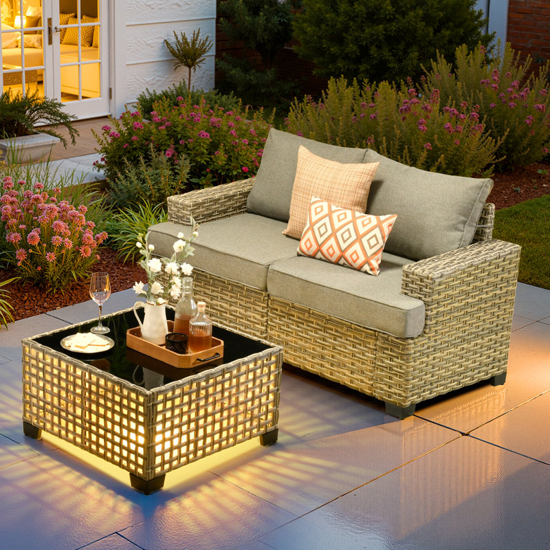Ensemble modulaire d'extérieur pour 2 personnes avec coussins et table basse à DEL, ensemble de patio en osier toutes saisons