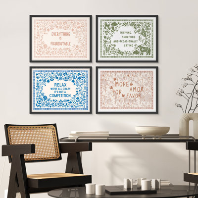 4-Piece Inspirational Quote Framed Wall Art Prints Set – Modern Papercut Style Typography with Whimsical Floral Borders in Bold Colors