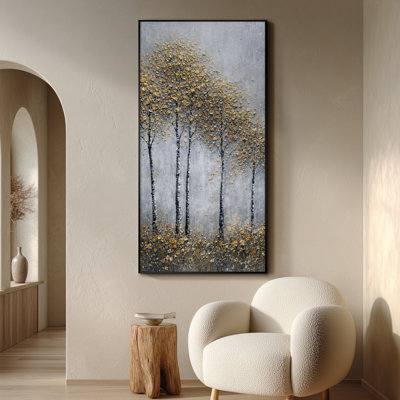 Très grand imprimé sur toile - Élégante feuille d'or forêt avec des accents métalliques et art mural gris doux pour le salon ou la chambre à coucher - «Assemblage requis du cadre (cadre non fini)»