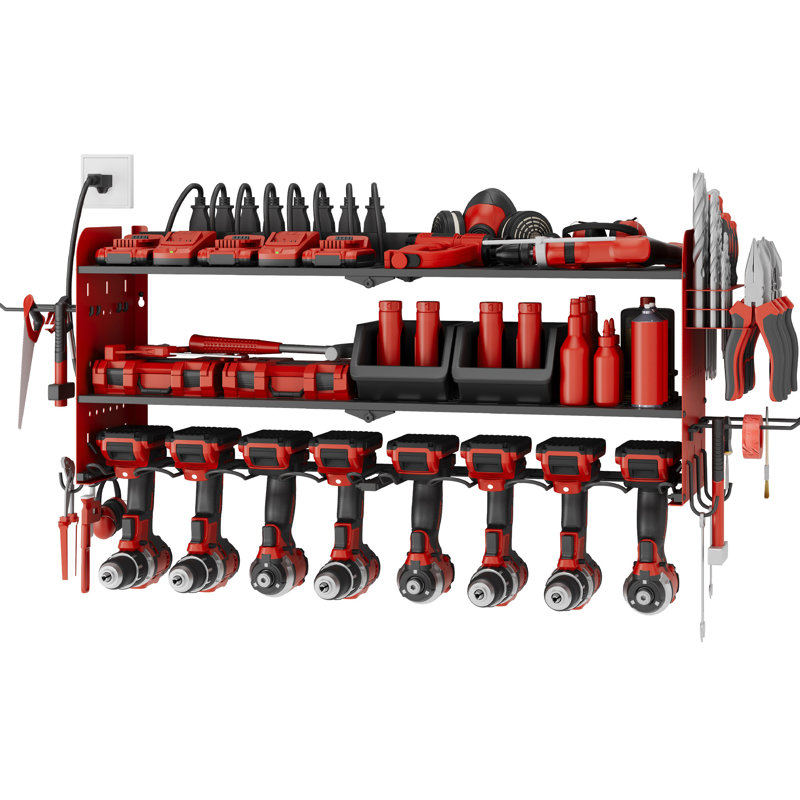 Power Tool Organizer with Charging Station Garage 8 Drill Holders Wall Mount with 8 Outlets, Red