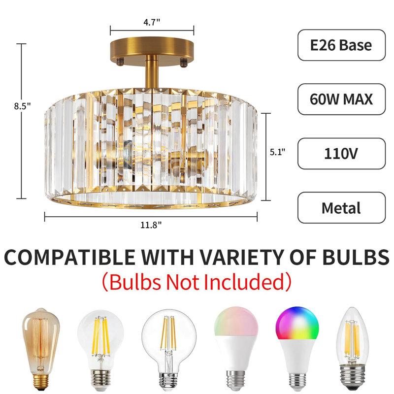 11" Gold and Crystal Drum Semi Flush Mount Ceiling Light Fixture