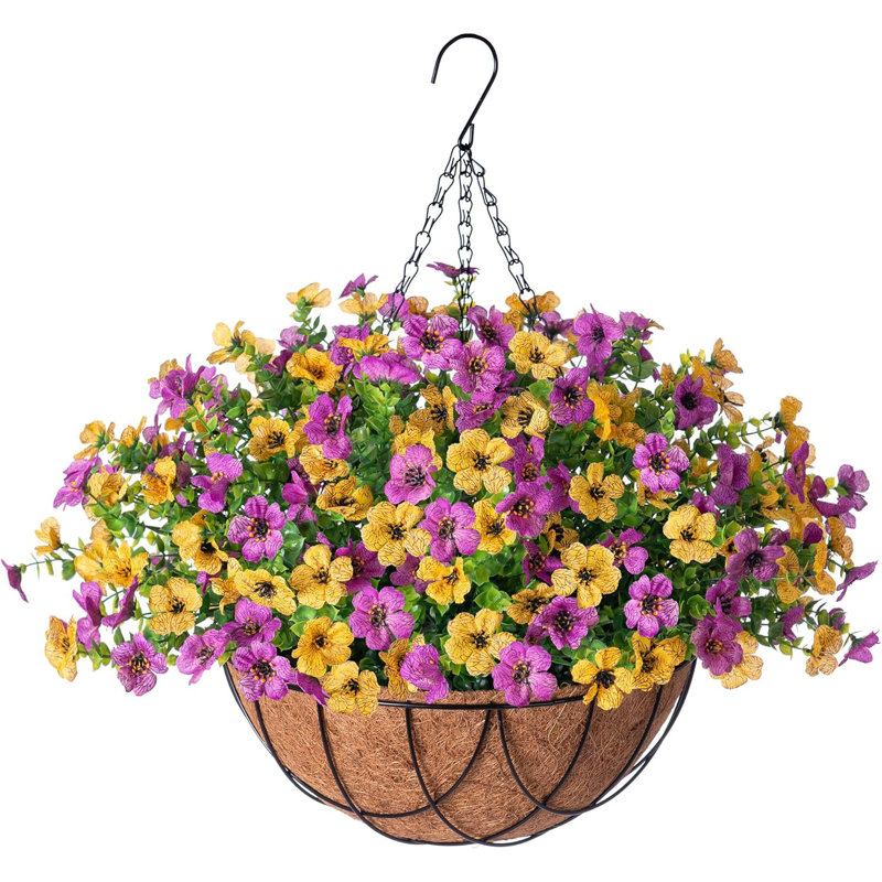 Panier suspendu à fleurs artificielles, Mauve/jaune