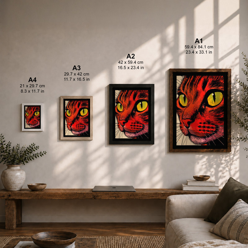 Bold Gaze Cat Graphic - Framed Print, A4 - 29.7 x 21.0 cm, White