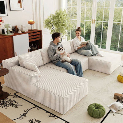 124" Corduroy U-Shaped Sectional Sofa, Modern Modular Boneless 4-Seater Couch with 6 Pillows, Upholstered Deep Seat DIY Cloud Sofa for Living Room, No Assembly Required