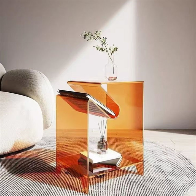 Modern Acrylic End Table - Clear Contemporary Nightstand for Bedroom, Lucite Sofa Side Table with Lower Shelf for Living Room