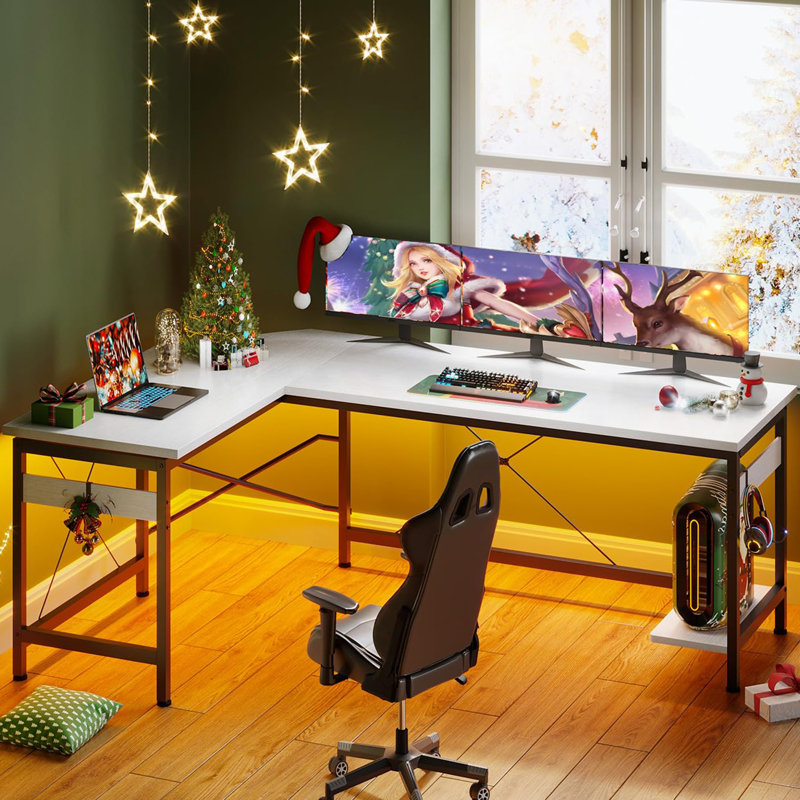 66" L Shaped Corner Computer Desk, White/Black
