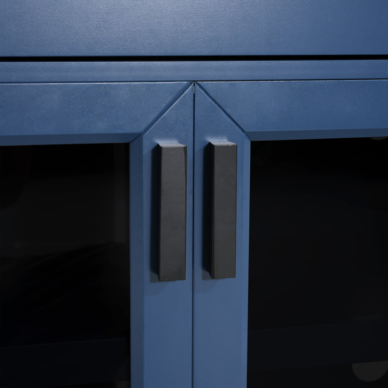 Meuble télé moderne de 67 pouces avec portes vitrées, tiroirs de rangement et tablettes réglables., Bleu